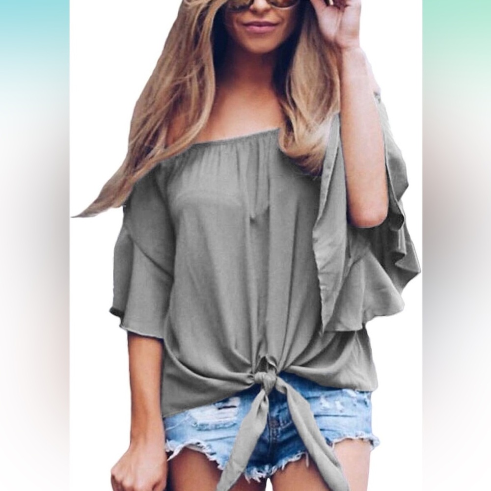 Women's Striped Off The Shoulder Tops 3/4 Bell Sleeve Tie Knot Casual Blouse